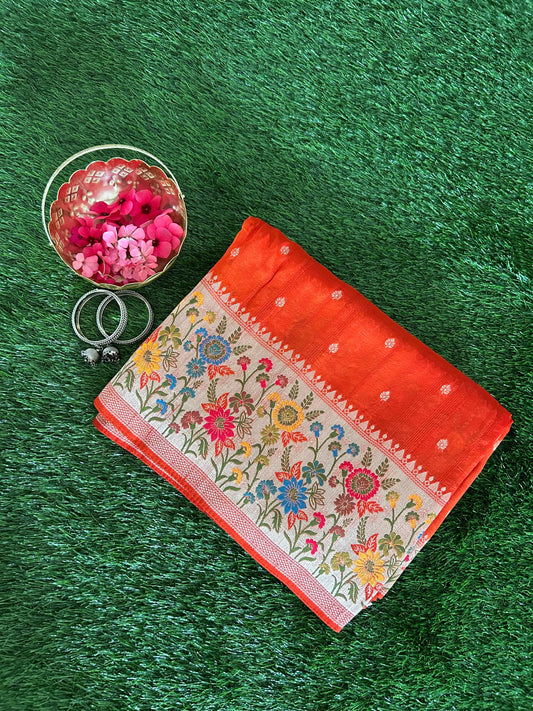 Orange Color Munga Tussar Saree with Paithani Border