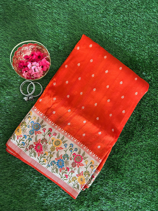 Orange Color Munga Tussar Saree with Paithani Border Mandira Silks