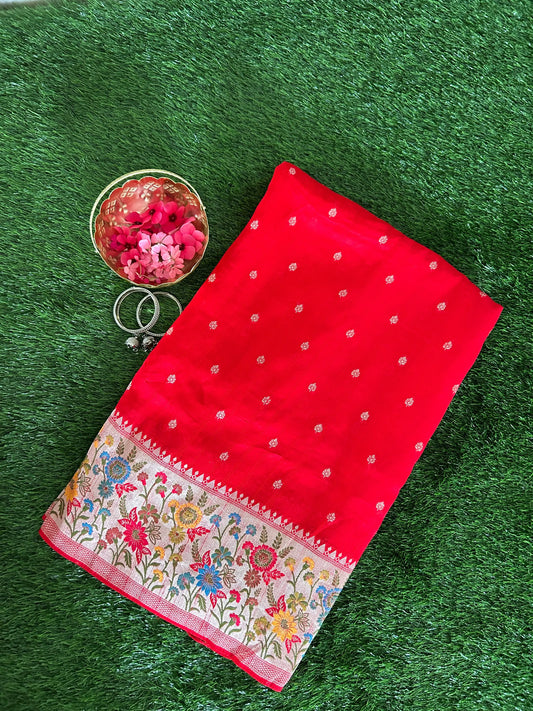 Red Munga Silk Paithani Border Banarasi Saree Mandira Silks