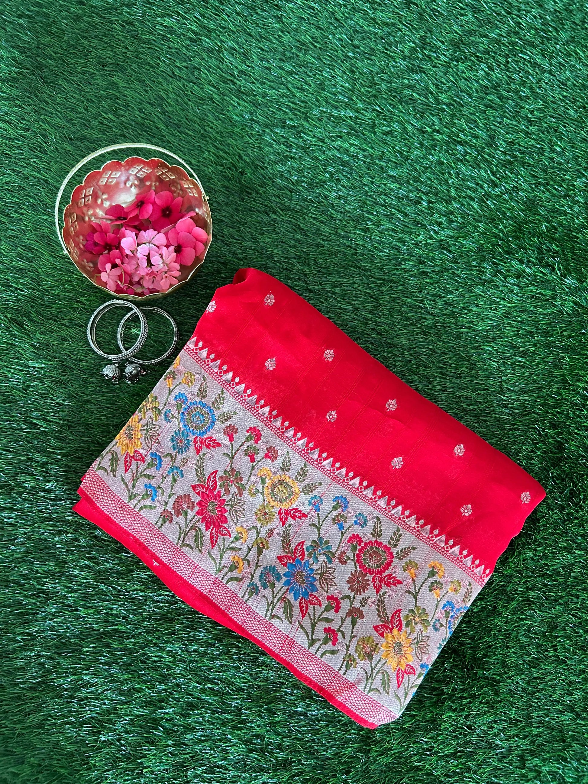 Red Munga Silk Paithani Border Banarasi Saree Mandira Silks