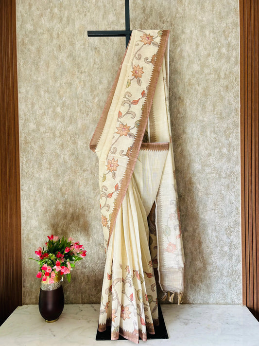 Cream Color Tissue Linen Saree with Kalamkari Design Mandira Silks