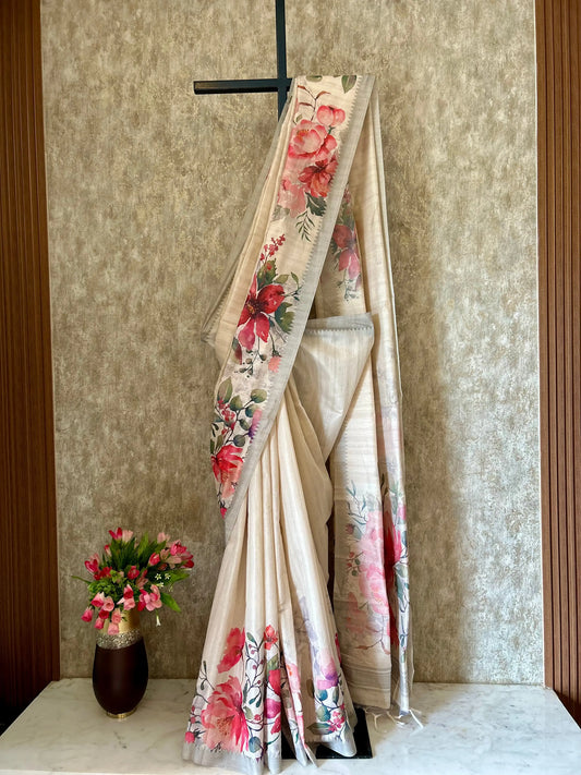 Cream color Soft Tussar saree with Floral print Mandira Silks
