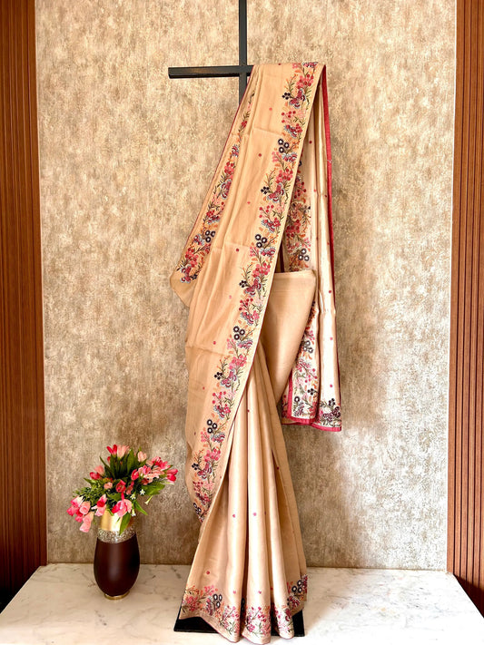 Beige color saree with hand embroidery work Mandira Silks