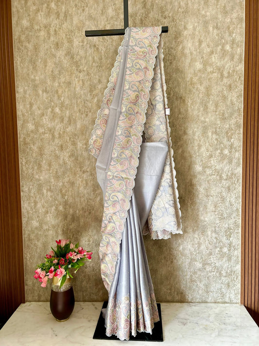 Grey color satin finish dola silk  designer saree with embroidery work Mandira Silks