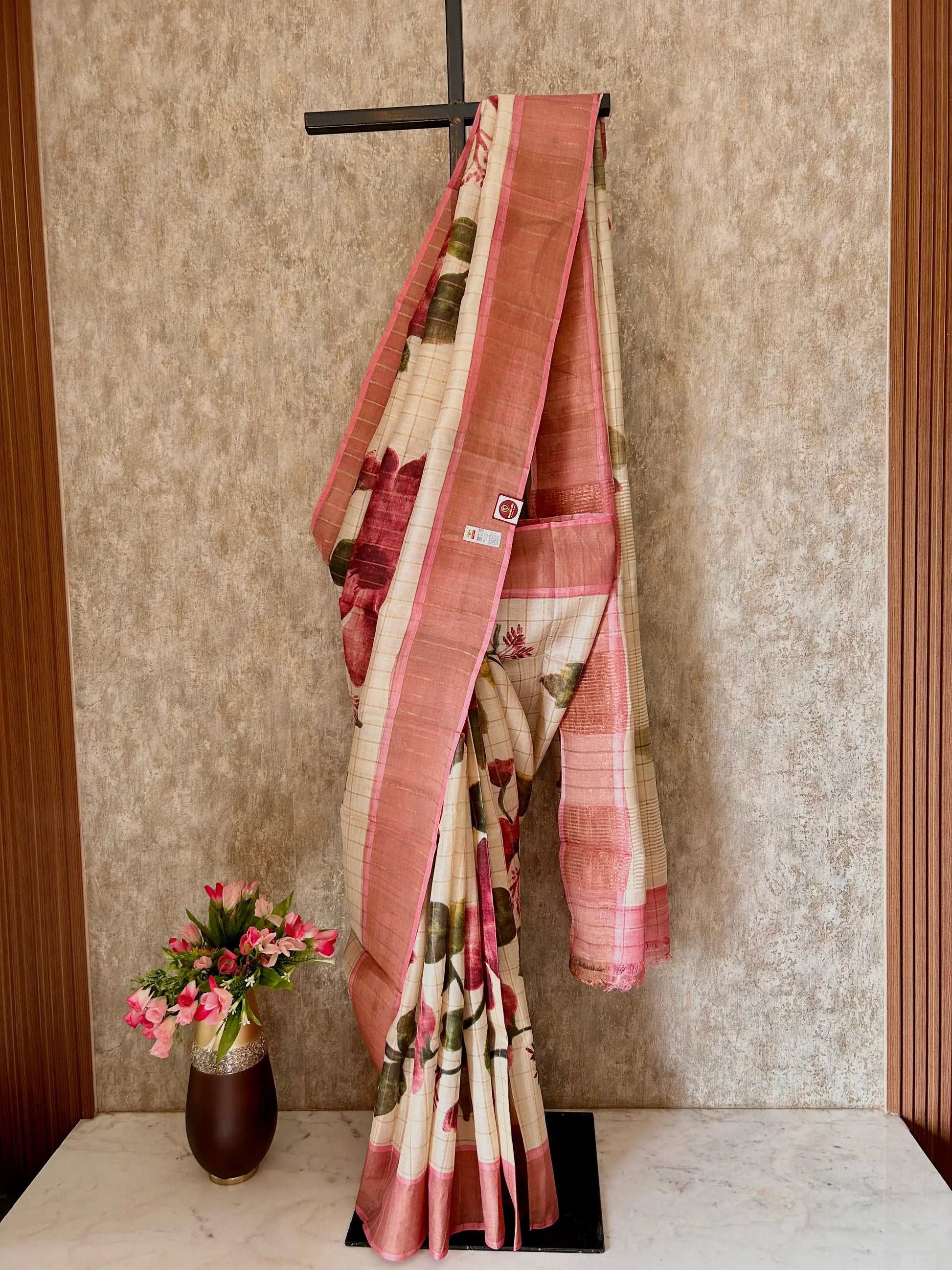 Cream and Pink Pure Tussar Silk Saree with elegant floral Print Mandira Silks