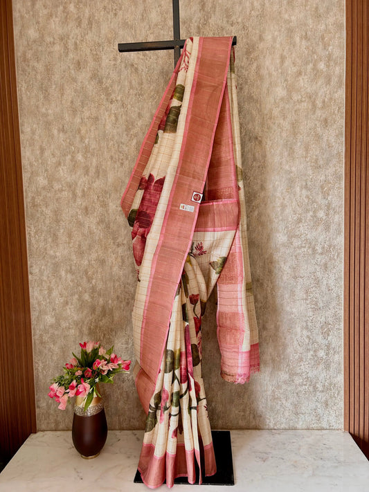 Cream and Pink Pure Tussar Silk Saree with elegant floral Print Mandira Silks