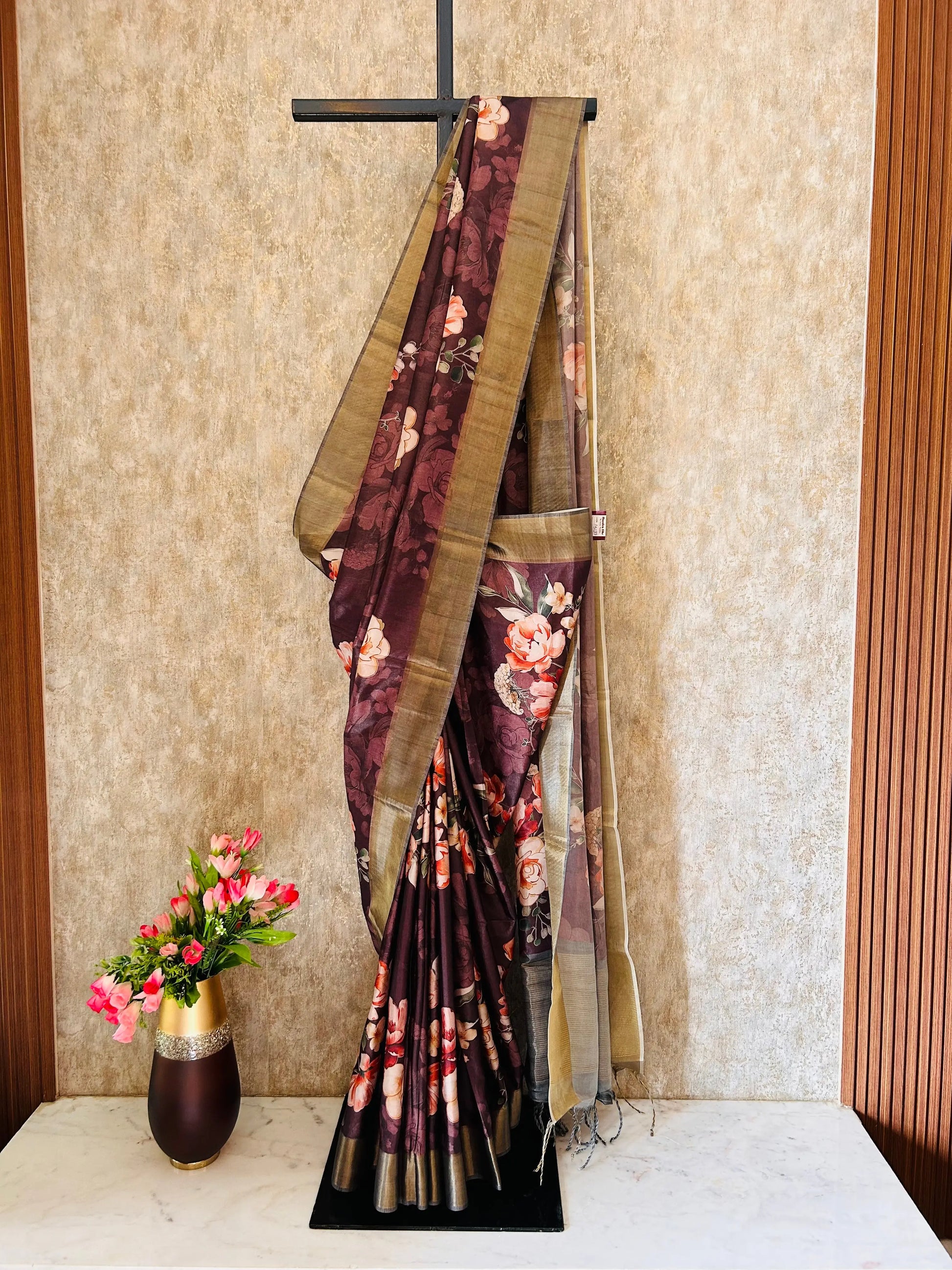 Dark Chocolate Color Soft Tussar Silk Saree with beautiful Floral design Mandira Silks