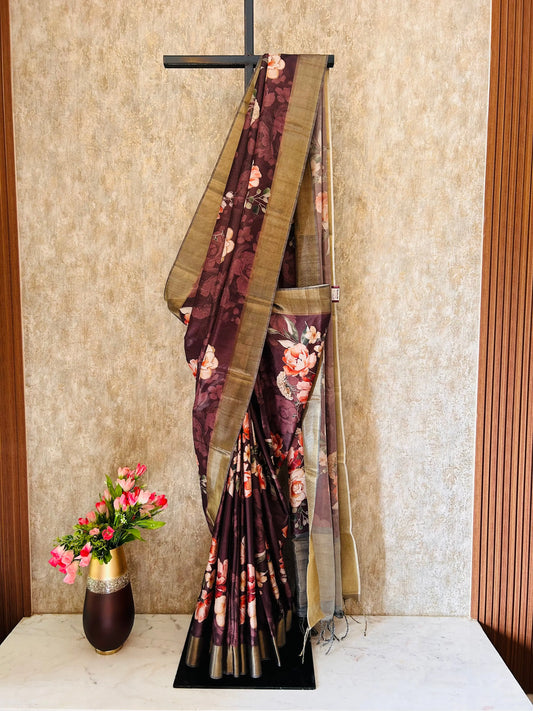 Dark Chocolate Color Soft Tussar Silk Saree with beautiful Floral design Mandira Silks