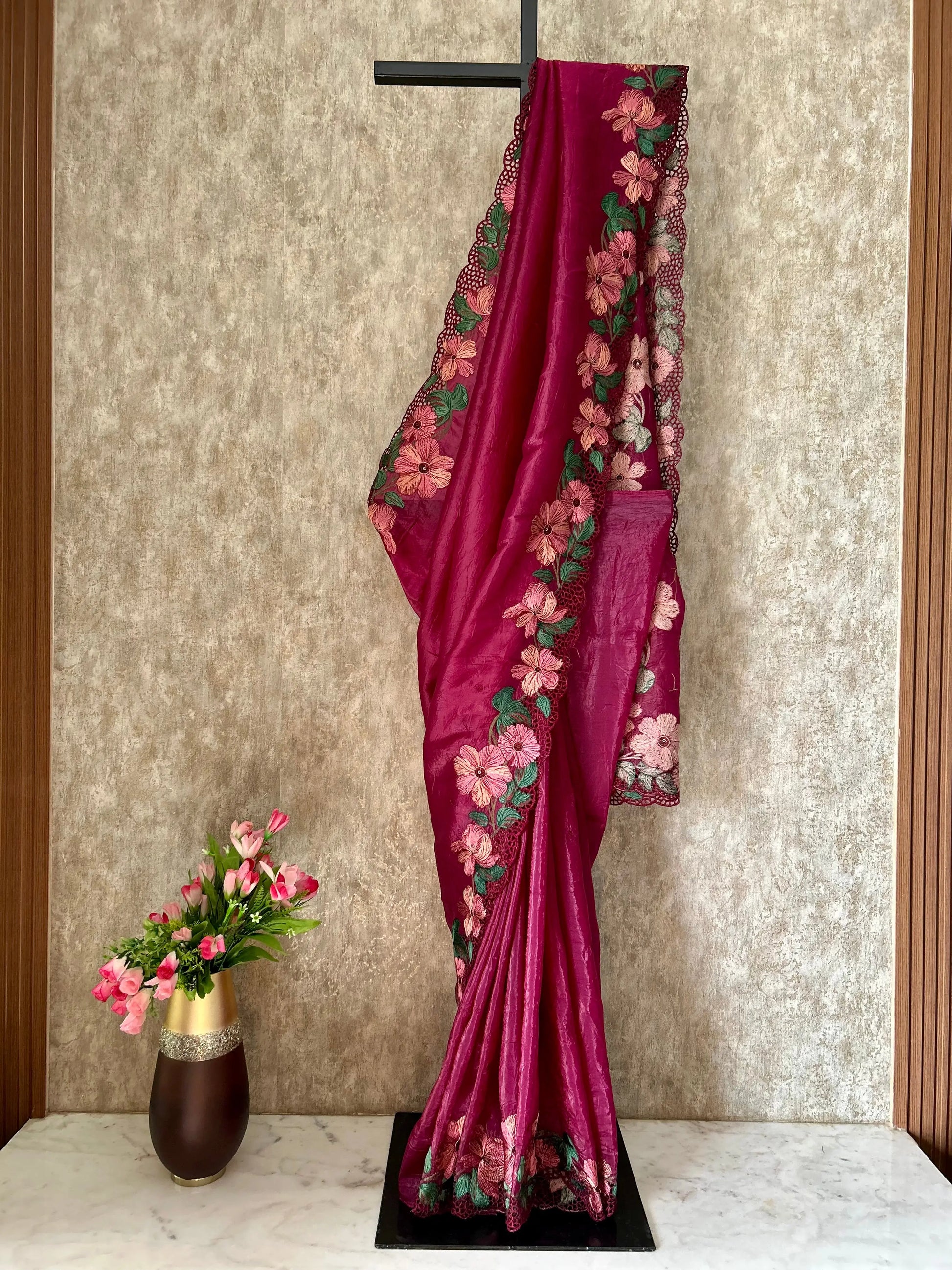Berry Color Glass Tissue Designer Saree with Embroidery Design and  cut work Mandira Silks
