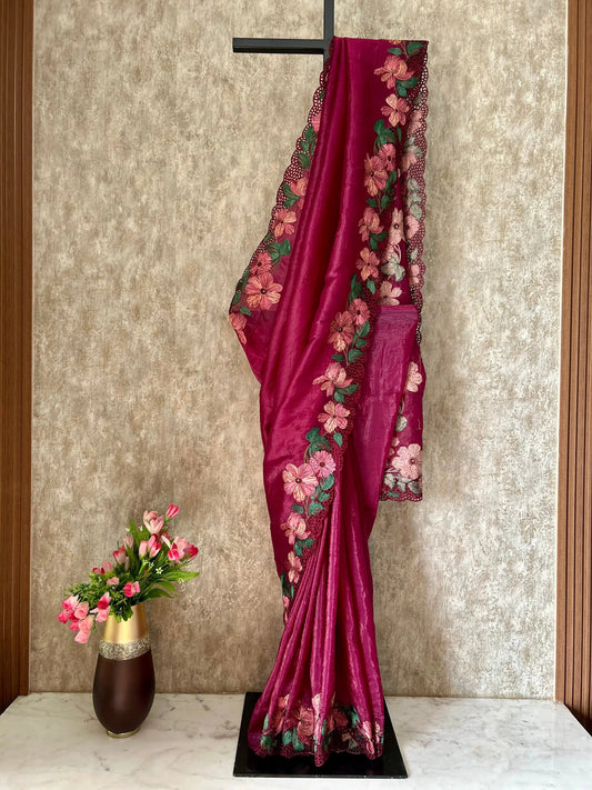 Berry Color Glass Tissue Designer Saree with Embroidery Design and  cut work Mandira Silks