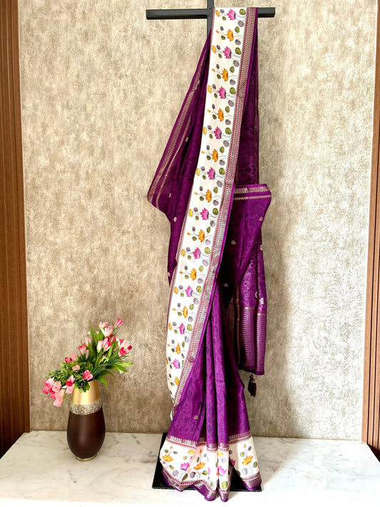 Purple Color Crepe Silk Saree with Floral printed border Mandira Silks