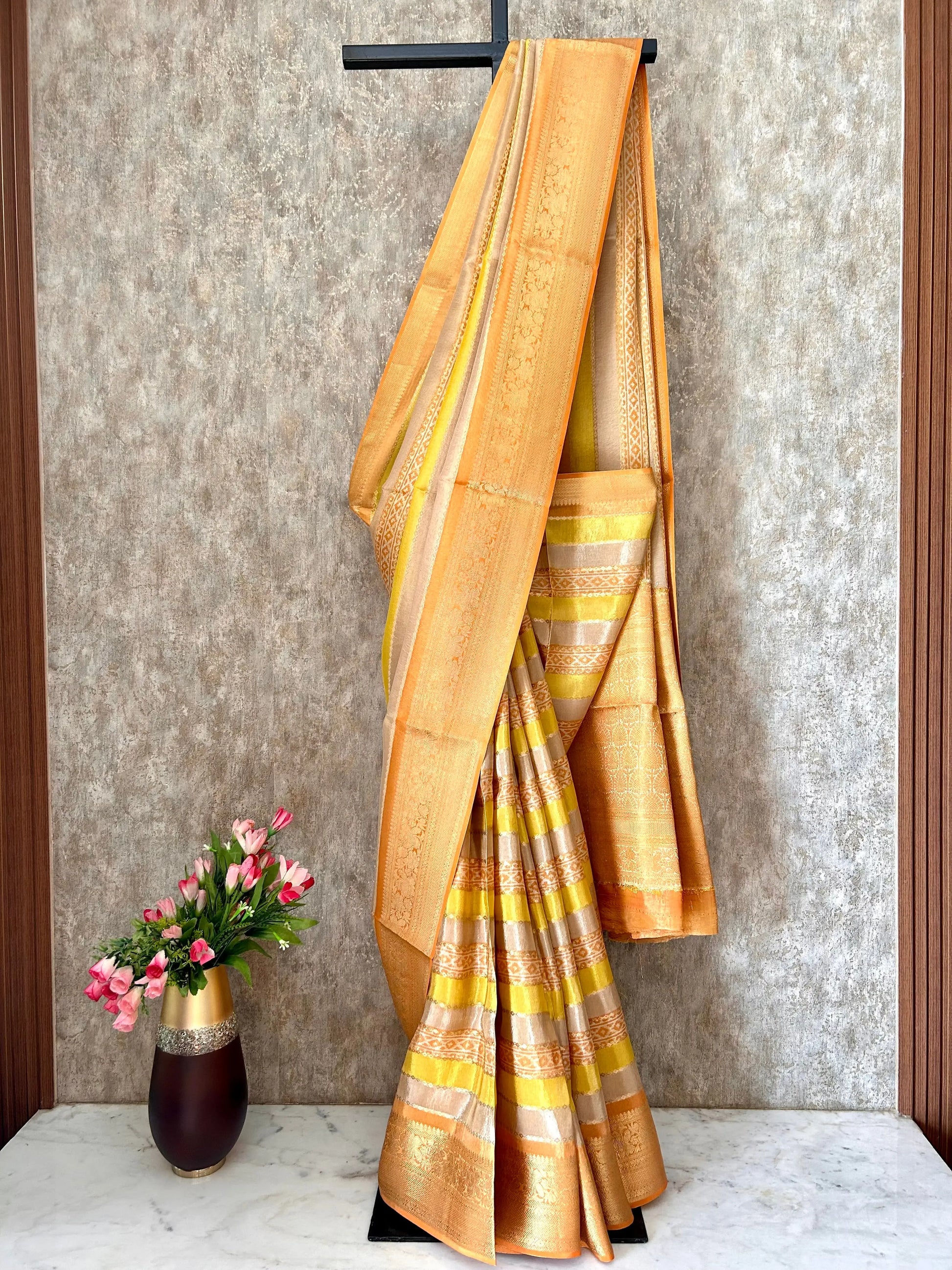 Yellow color Tissue Silk Saree with Zari Border Mandira Silks