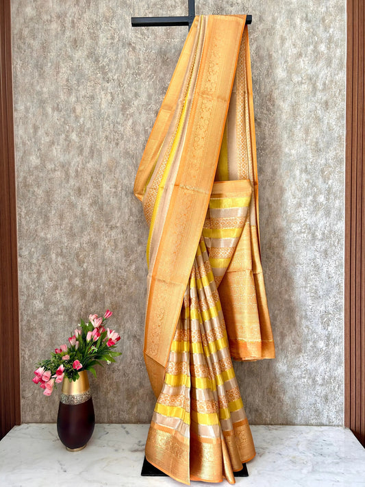 Yellow color Tissue Silk Saree with Zari Border Mandira Silks