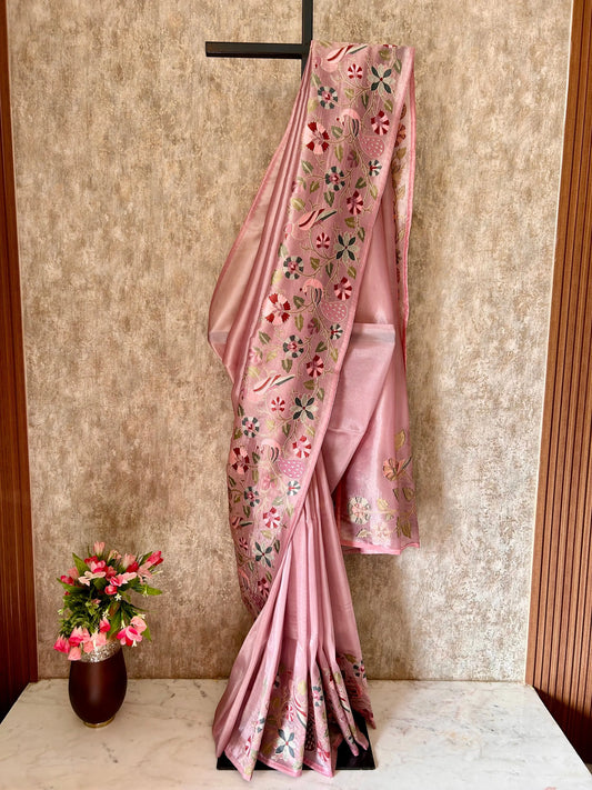 Pastel Pink color Glass Tissue Saree Mandira Silks