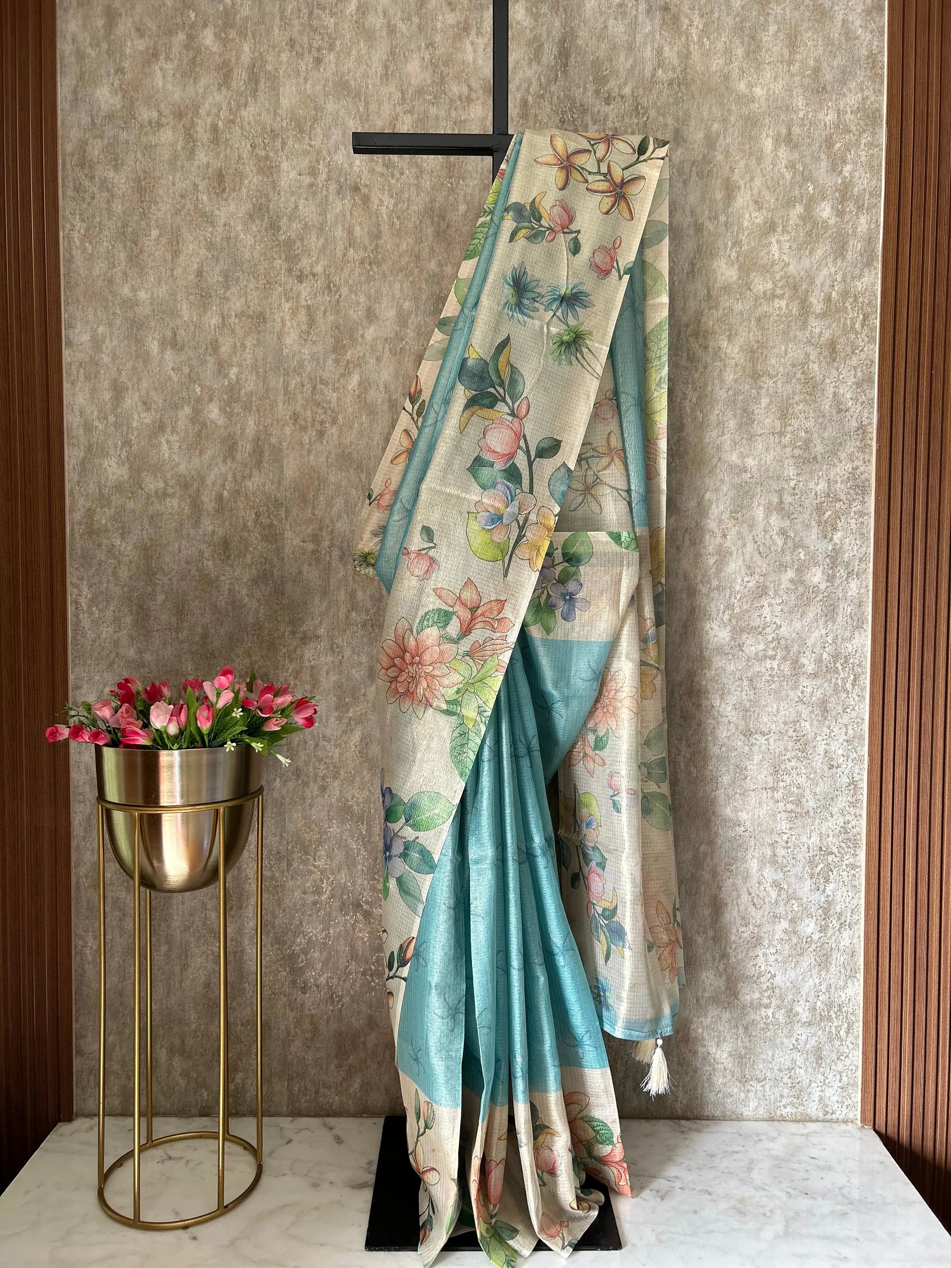 Blue Color Tissue Designer Saree with Floral Print