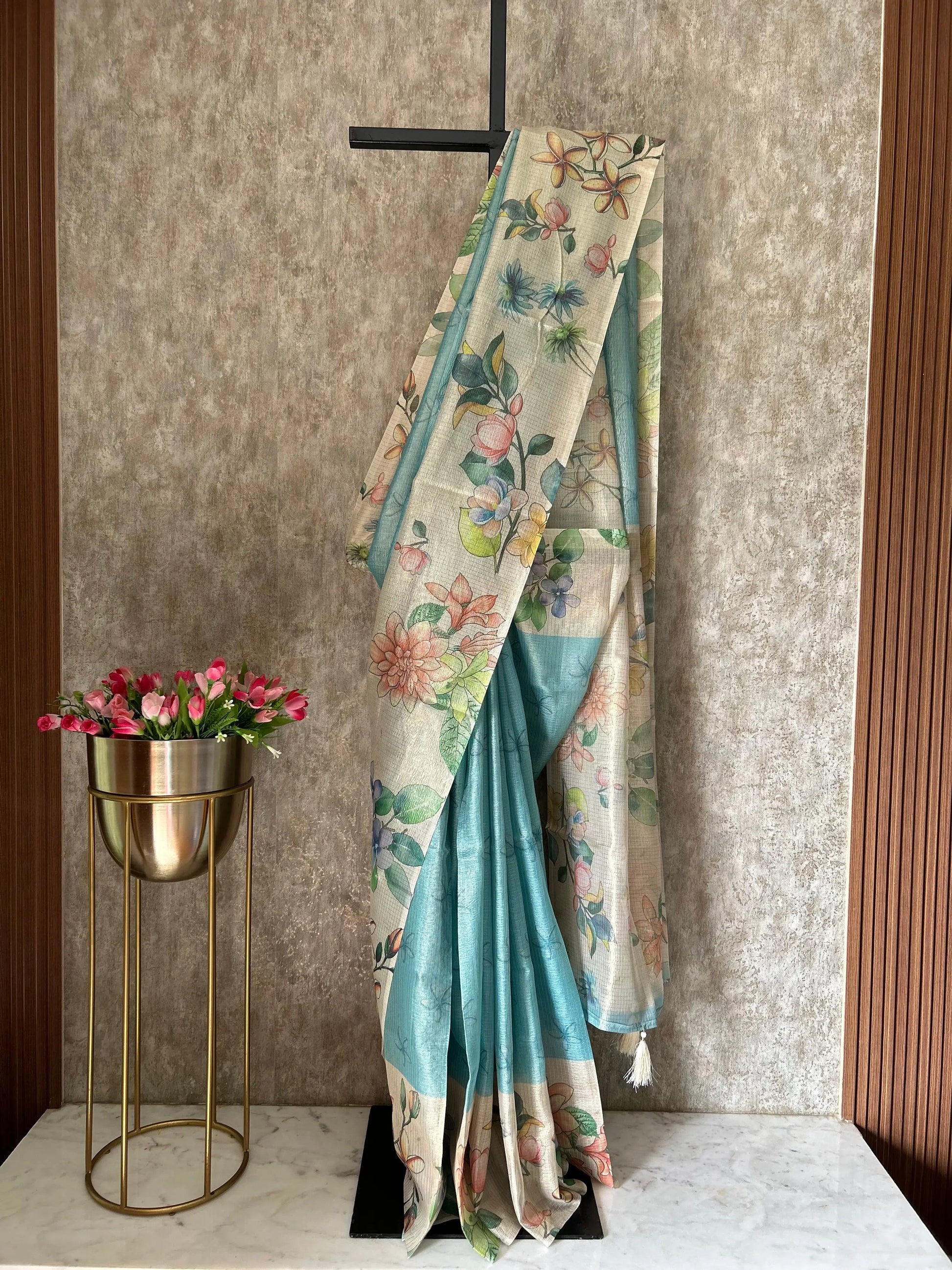 Blue Color Tissue Designer Saree with Floral Print