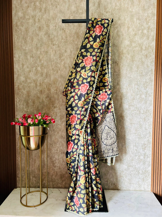 Black Tussar Saree with Kalamkari print over the body and Rich Kantha work for Pallu Mandira Silks