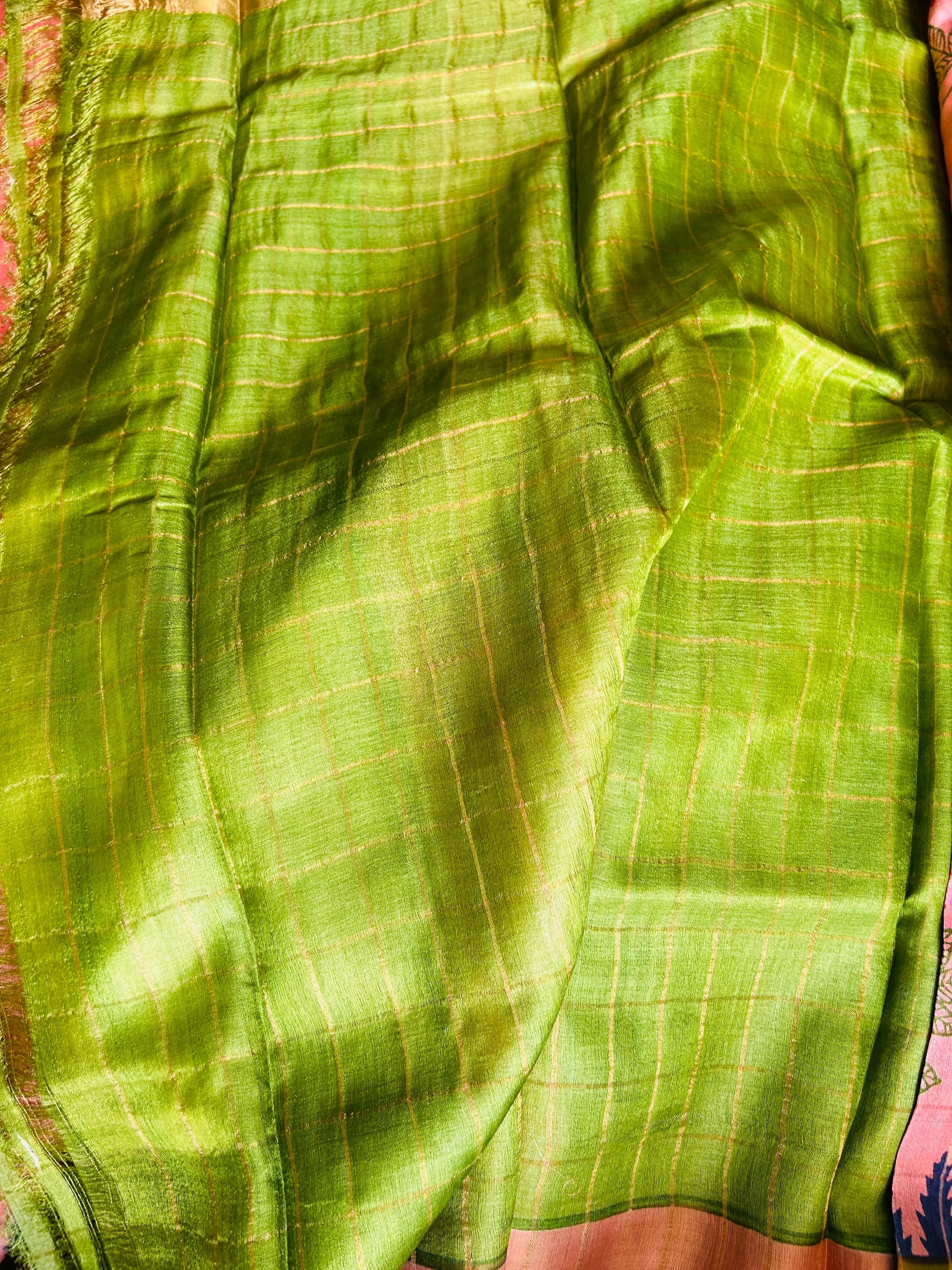 Peach and Green color Pure Tussar Silk Saree with elegant Print Mandira Silks