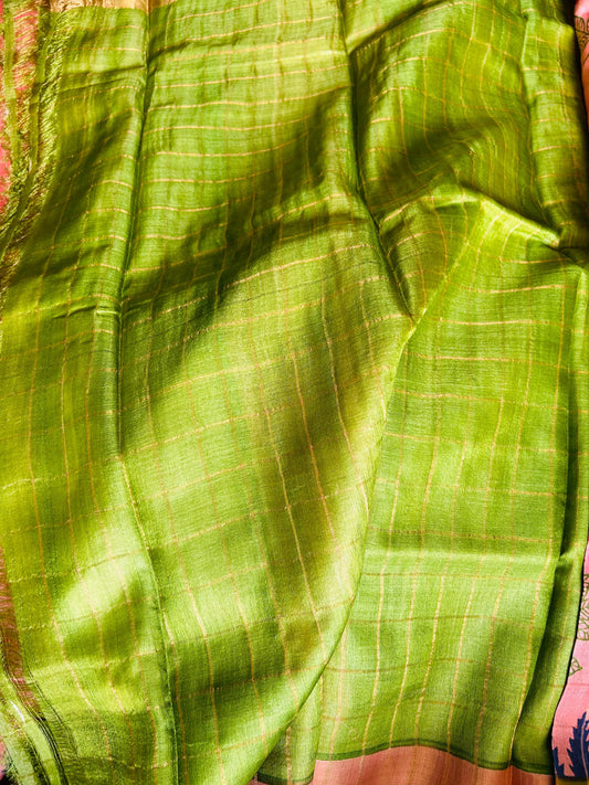 Peach and Green color Pure Tussar Silk Saree with elegant Print Mandira Silks