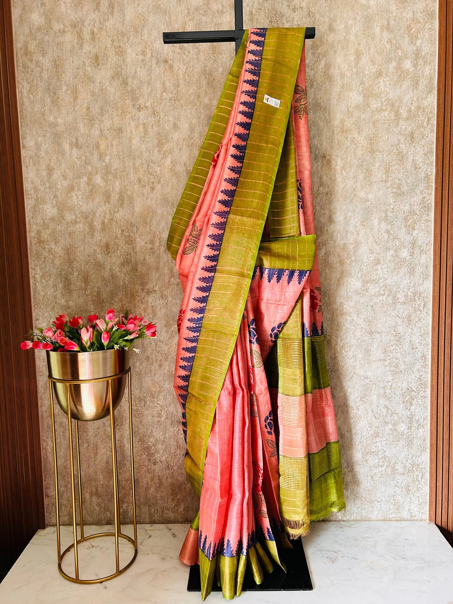 Peach and Green color Pure Tussar Silk Saree with elegant Print Mandira Silks