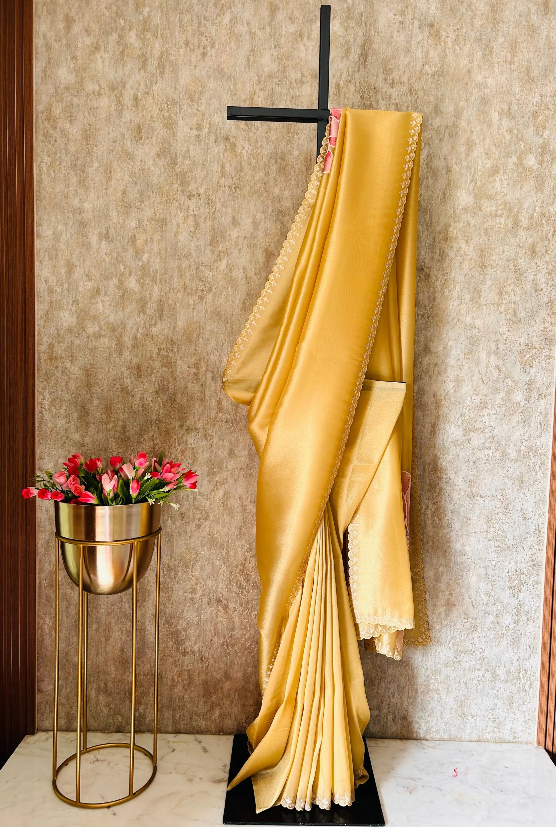 Gold color Tissue designer saree with embroidery work Mandira Silks