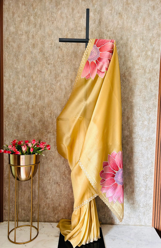 Gold color Tissue designer saree with embroidery work Mandira Silks
