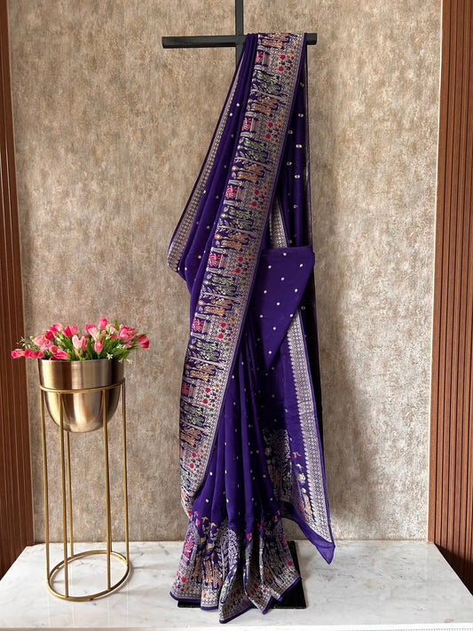 Deep Ink Blue Munga Tussar Banarasi Saree with Paithani Border Mandira Silks