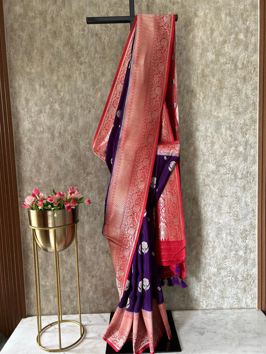 Purple color munga Silk Banarasi Saree 