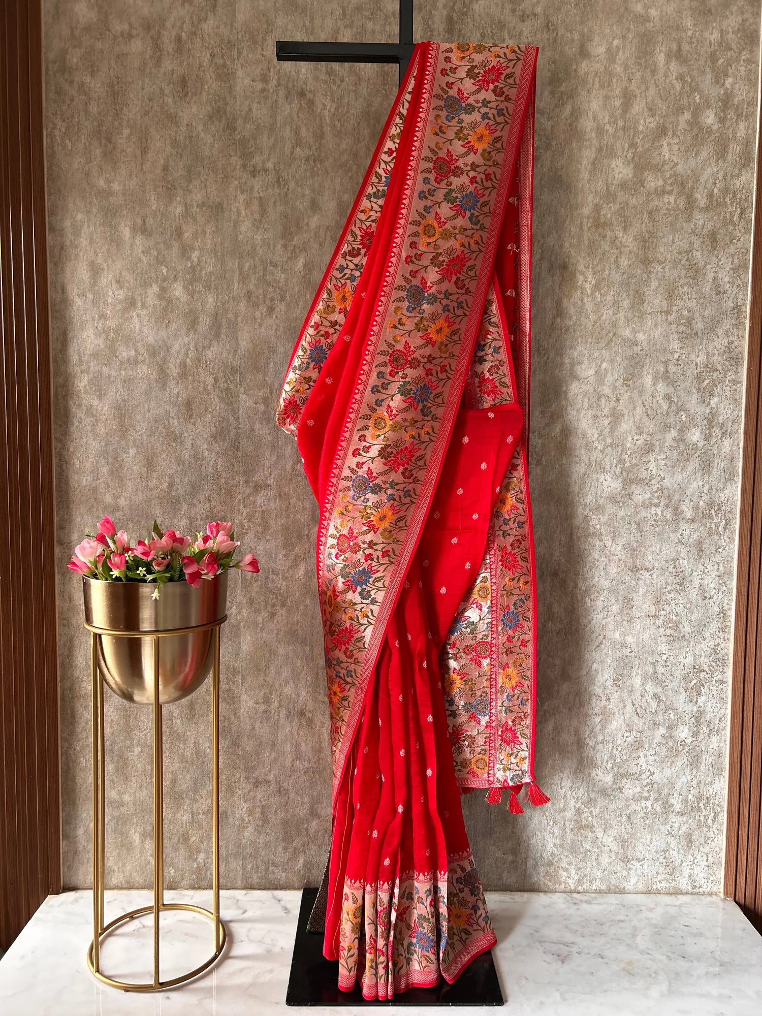 Red Munga Silk Paithani Border Banarasi Saree Mandira Silks