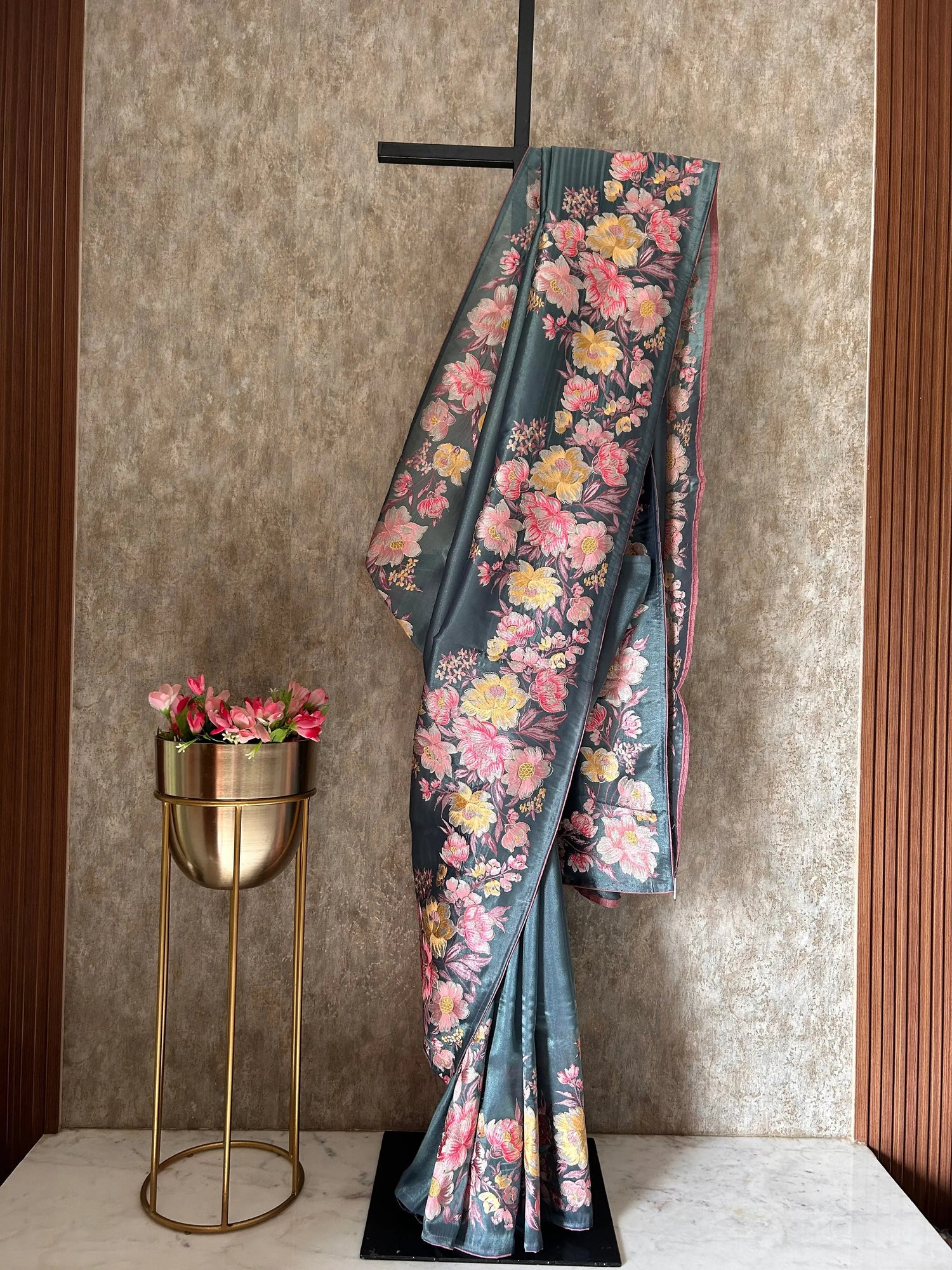Metalic Green color Glass Tissue Saree with embroidary design Mandira Silks