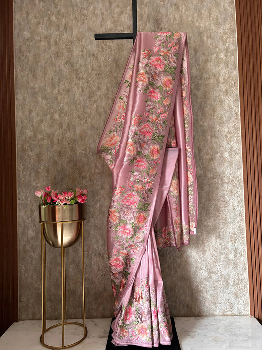 Pastel Pink color Glass Tissue Saree with embroidary design Mandira Silks