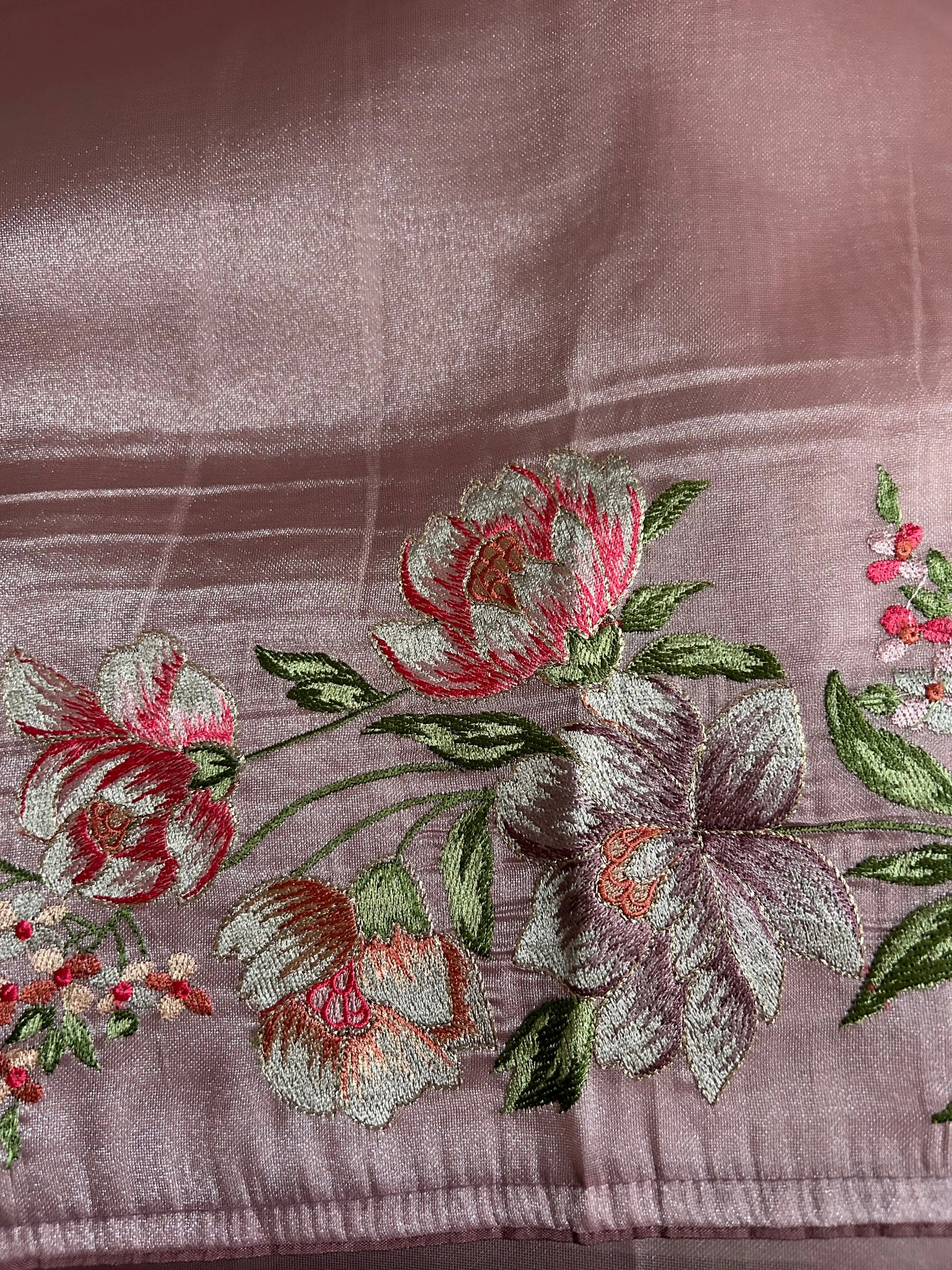 Pastel Pink color Glass Tissue Saree with embroidary design Mandira Silks