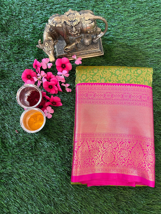 Green and Rani Pink Kanjivaram Semi Silk Sarees Mandira Silks