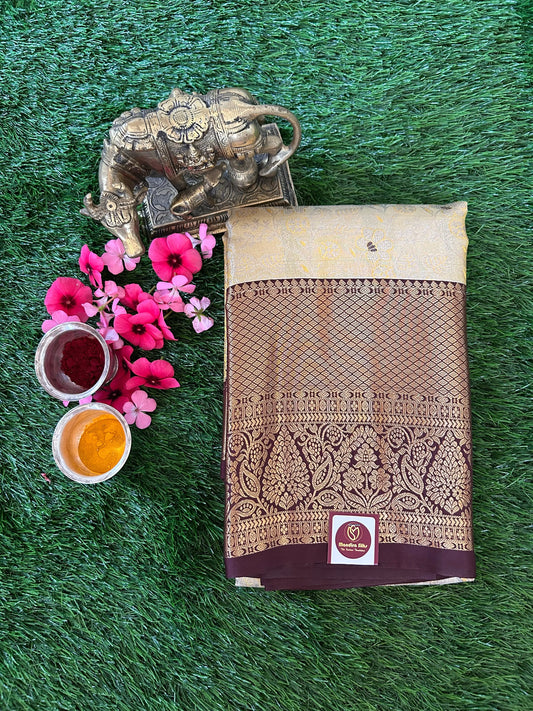 Pale Yellow and Brown Kanjivaram Semi Silk Sarees Mandira Silks