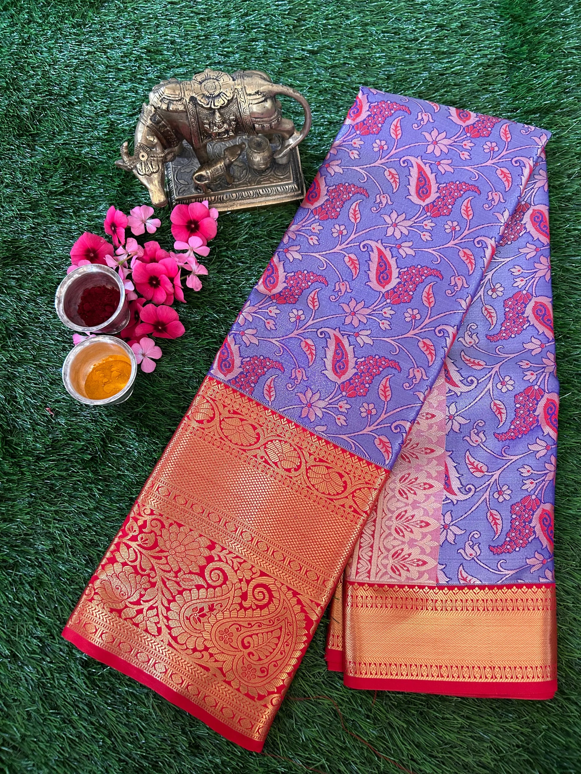 Lavender and Red Kanjivaram Semi Silk Sarees Mandira Silks