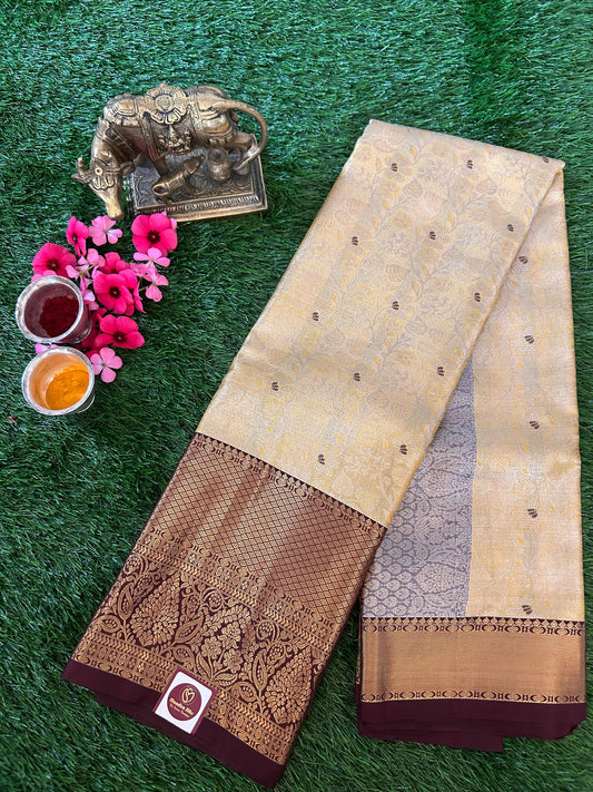 Pale Yellow and Brown Kanjivaram Semi Silk Sarees Mandira Silks