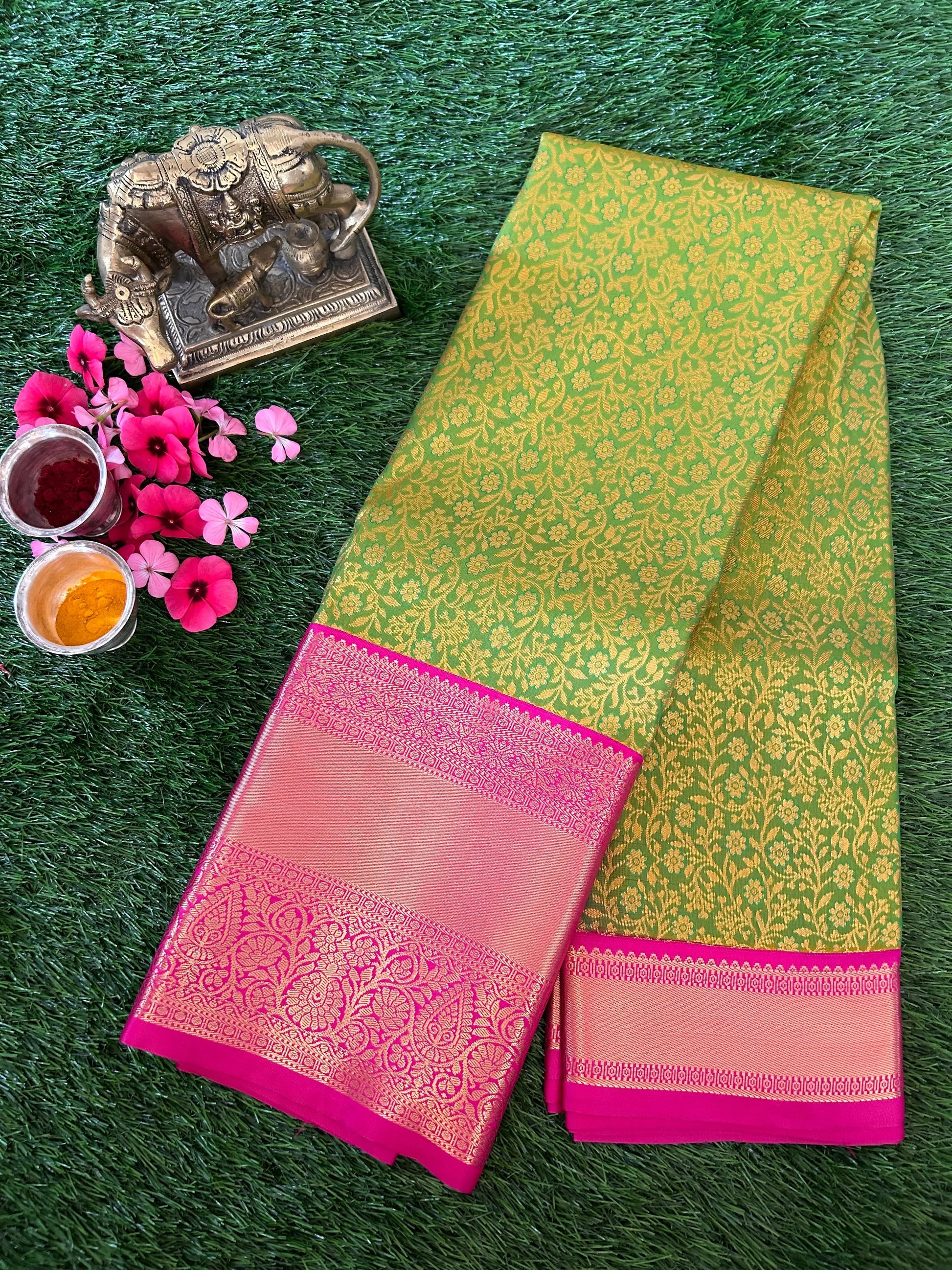 Green and Rani Pink Kanjivaram Semi Silk Sarees Mandira Silks