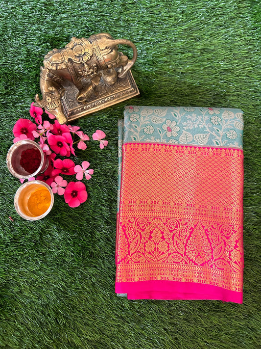 Metalic Blue and Pink Kanjivaram Semi Silk Sarees Mandira Silks