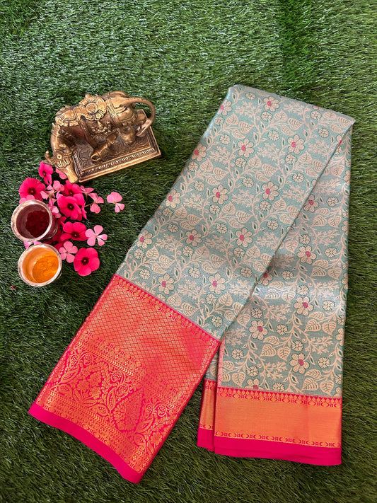 Metalic Blue and Pink Kanjivaram Semi Silk Sarees Mandira Silks