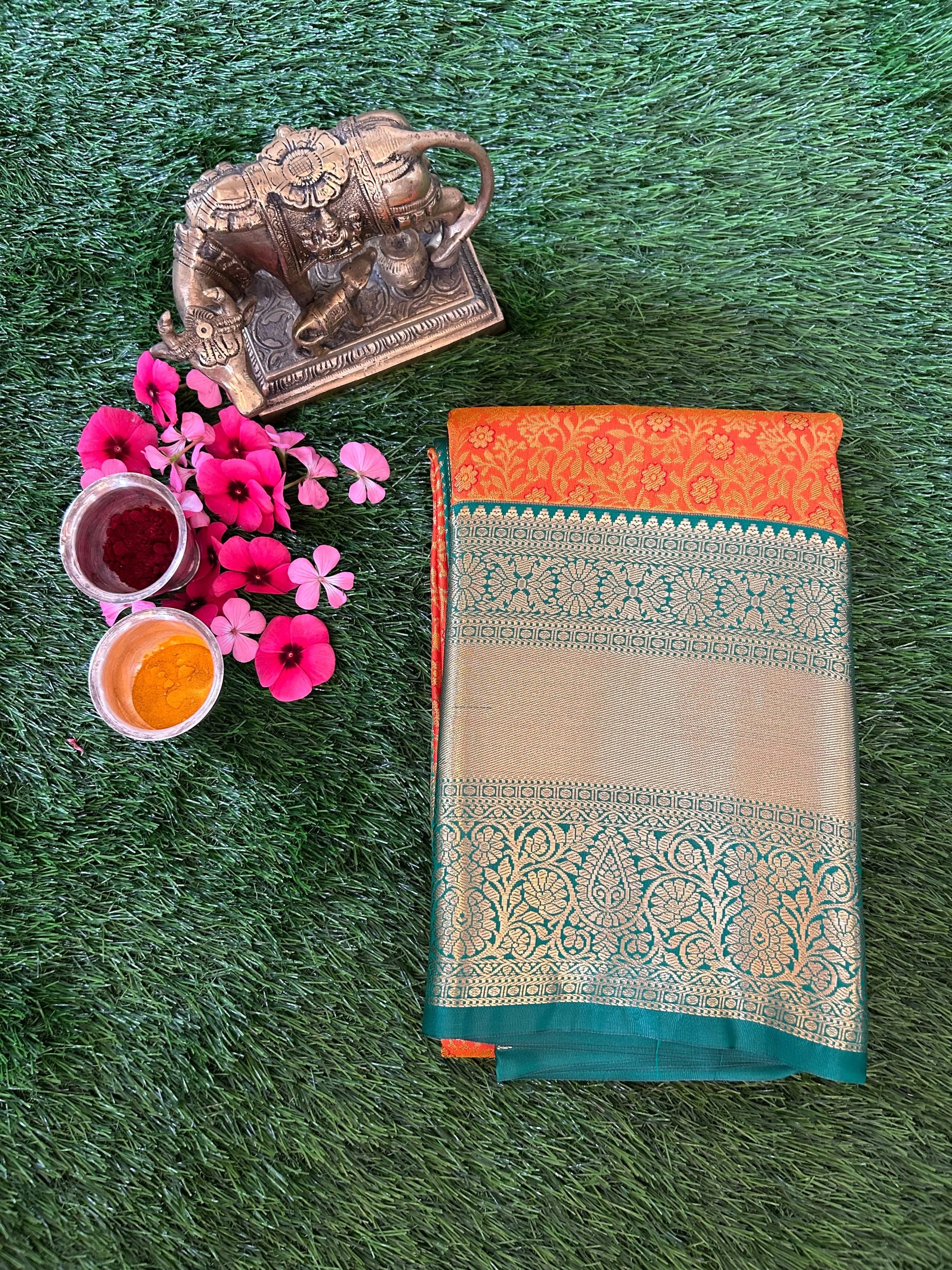 Orange and Green Kanjivaram Semi Silk Sarees Mandira Silks