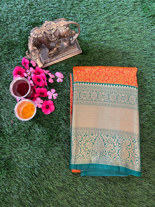 Orange and Green Kanjivaram Semi Silk Sarees Mandira Silks