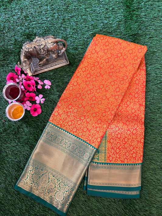 Orange and Green Kanjivaram Semi Silk Sarees Mandira Silks