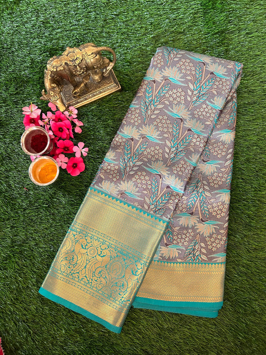 Grey and Sea Green Kanjivaram Semi Silk Sarees Mandira Silks