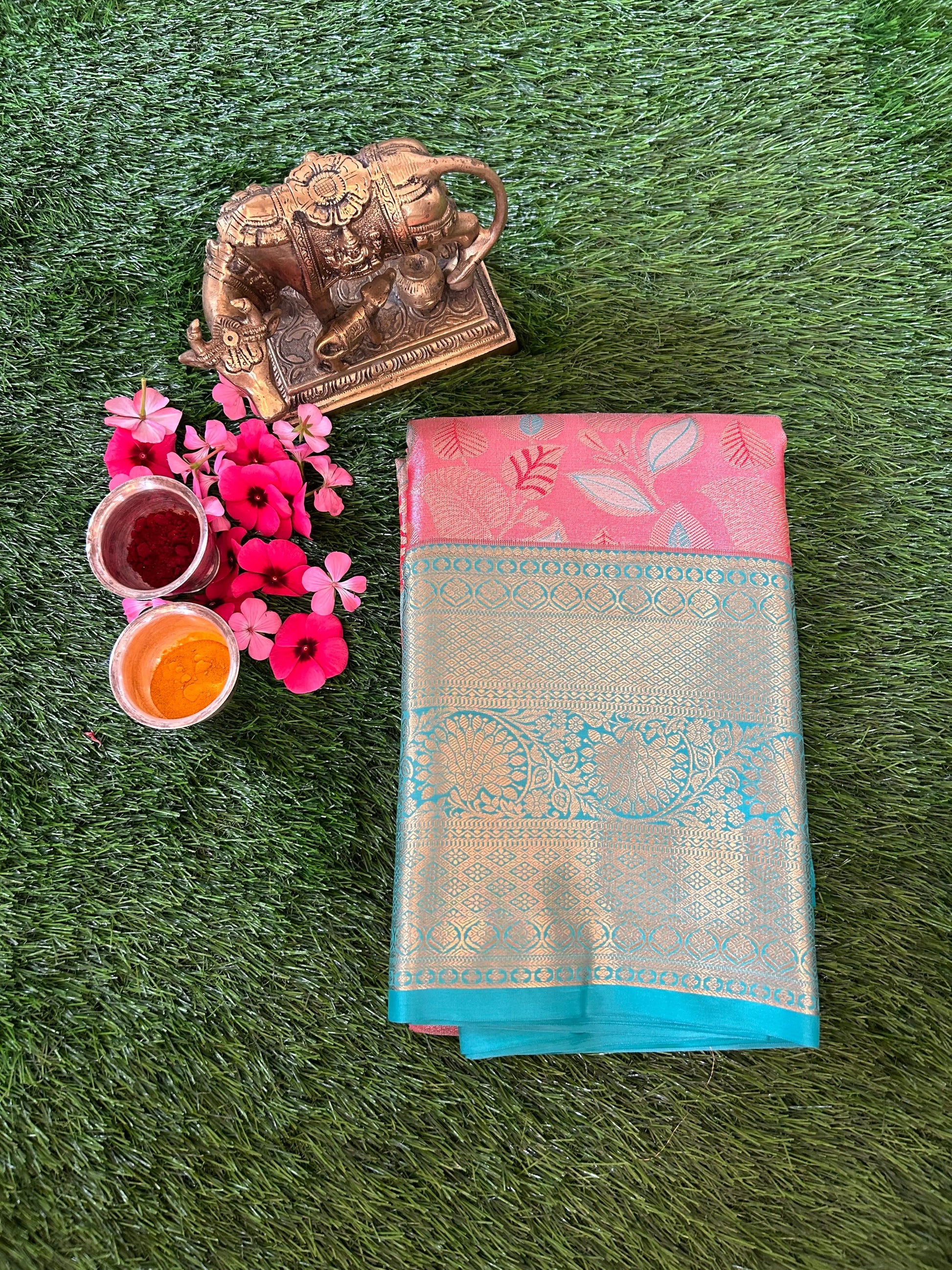 Pale Orange and metalic green Kanjivaram Semi Silk Sarees Mandira Silks