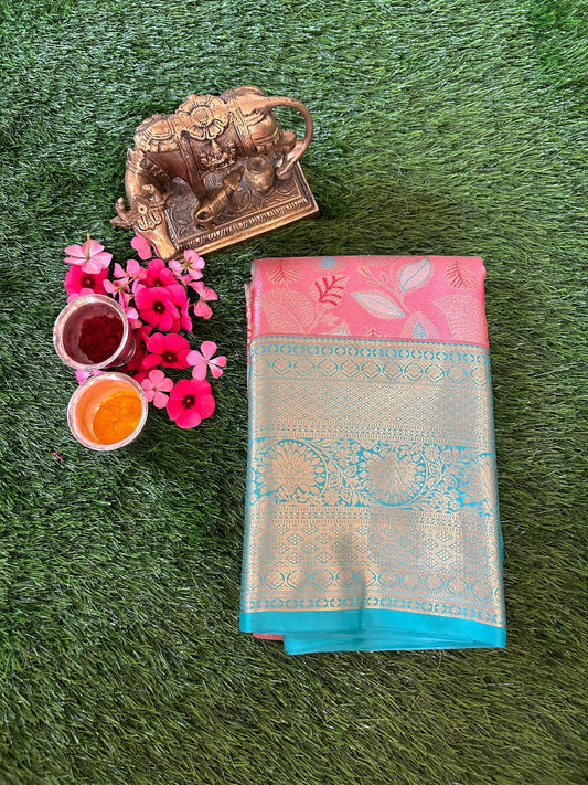 Pale Orange and metalic green Kanjivaram Semi Silk Sarees Mandira Silks