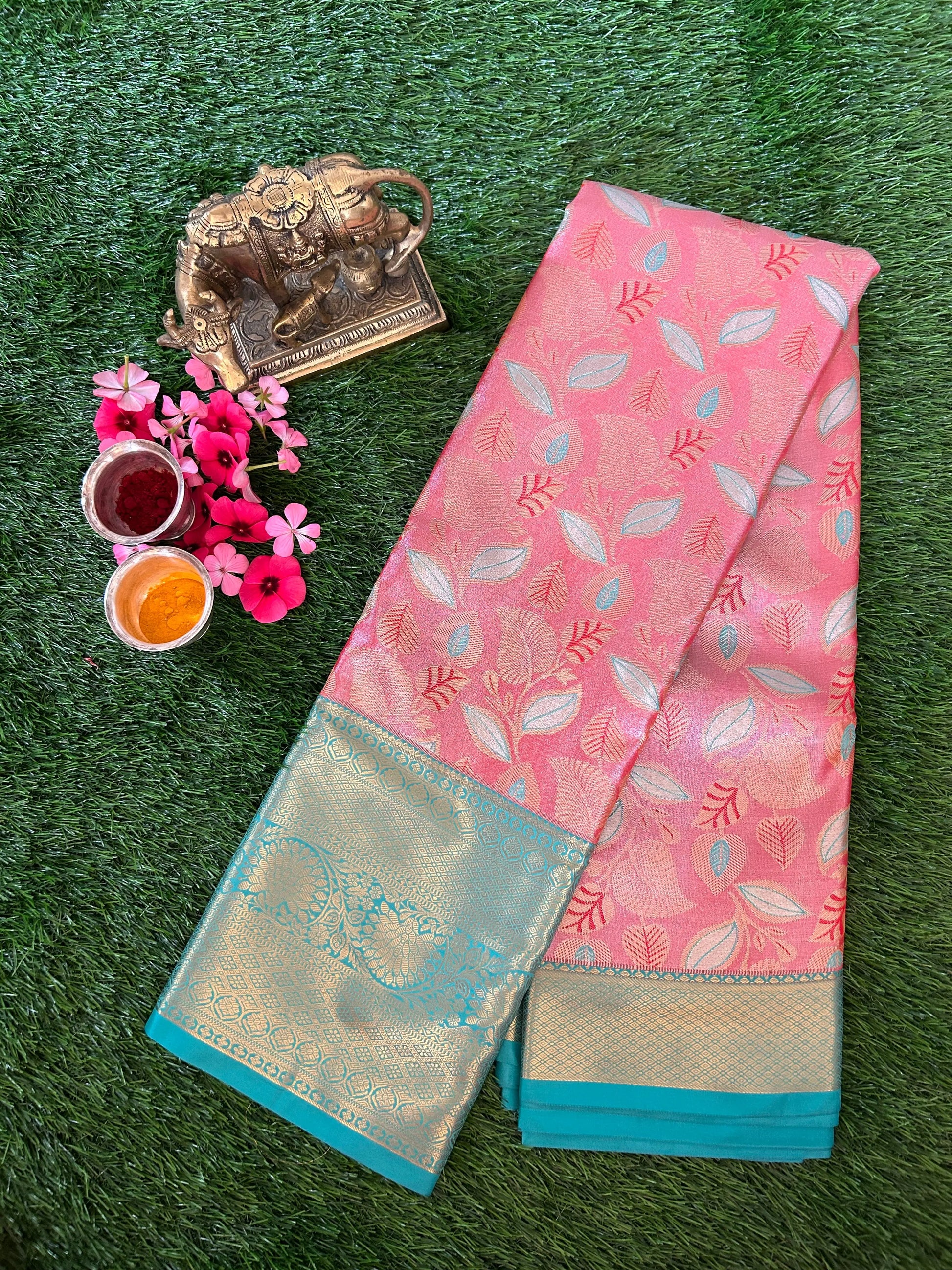 Pale Orange and metalic green Kanjivaram Semi Silk Sarees Mandira Silks