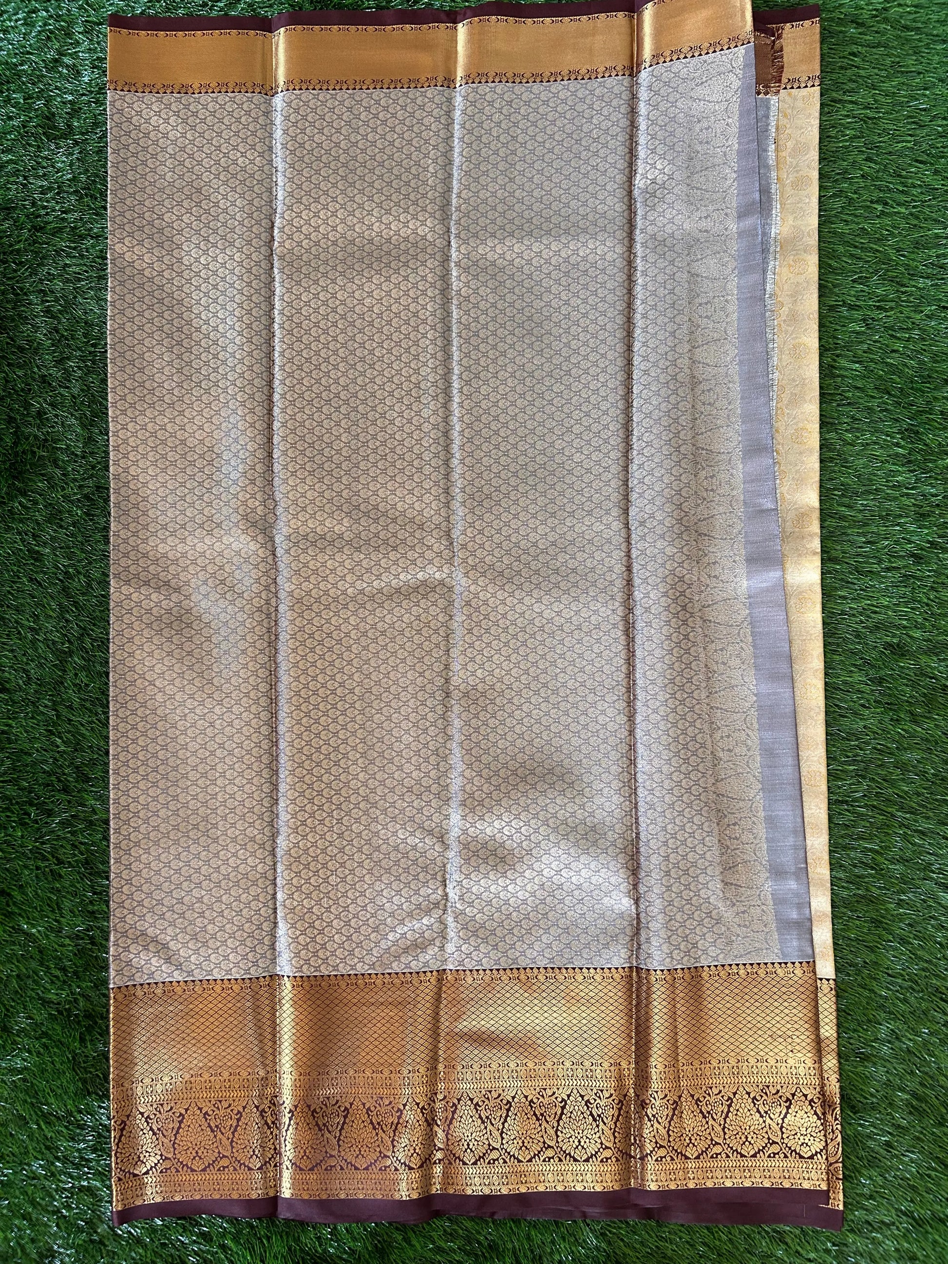 Pale Yellow and Brown Kanjivaram Semi Silk Sarees Mandira Silks