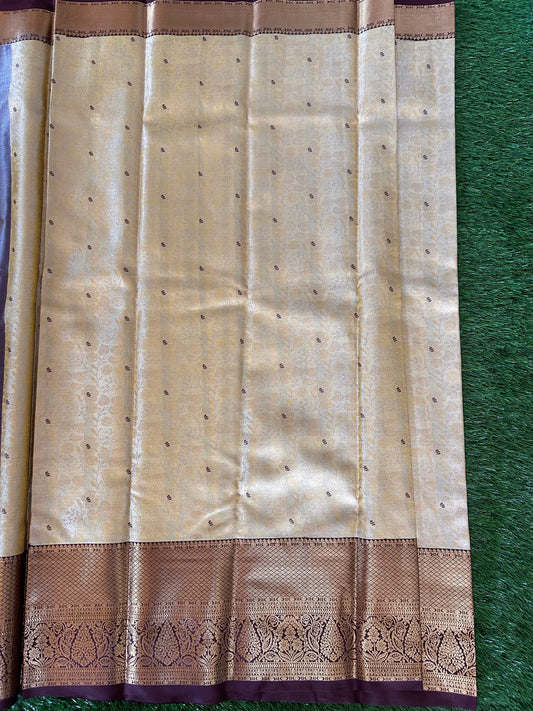 Pale Yellow and Brown Kanjivaram Semi Silk Sarees Mandira Silks