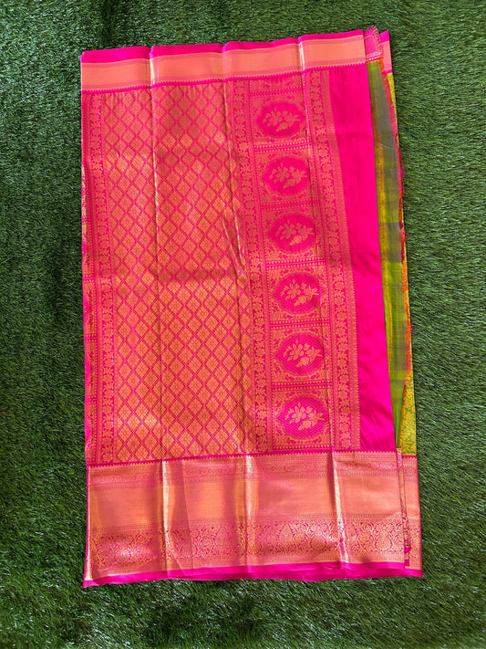 Green and Rani Pink Kanjivaram Semi Silk Sarees Mandira Silks