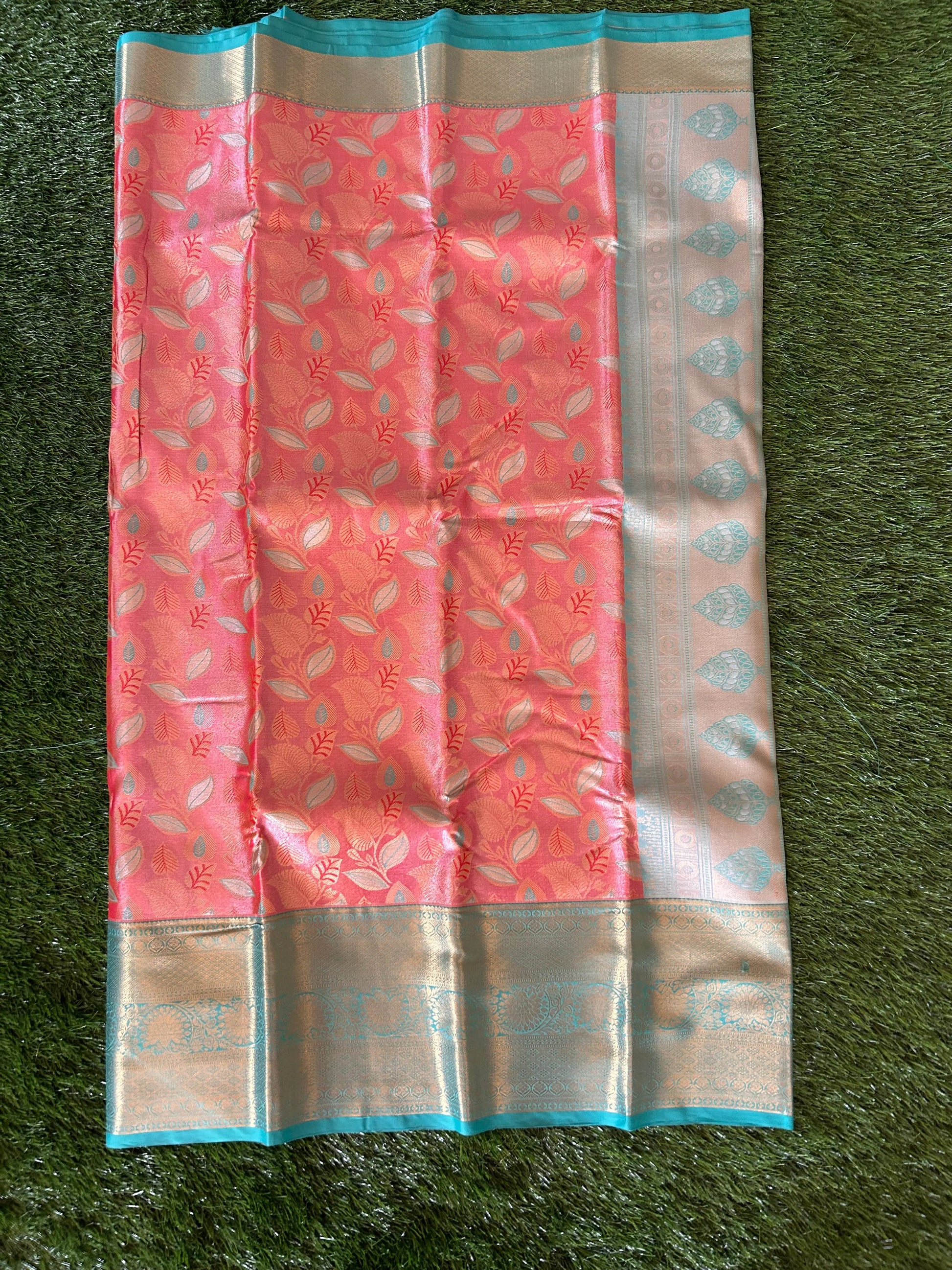 Pale Orange and metalic green Kanjivaram Semi Silk Sarees Mandira Silks